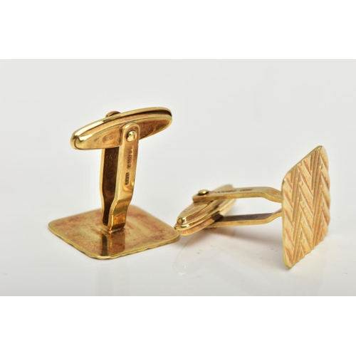 40 - A PAIR OF 9CT GOLD CUFFLINKS, yellow gold square face with a chevron diamond cut pattern, fitted wit... 