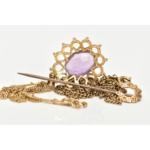 42 - A 9CT GOLD AMETHYST PENDANT, 9CT GOLD STICK PIN AND YELLOW METAL CHAIN, a yellow gold open work pend... 