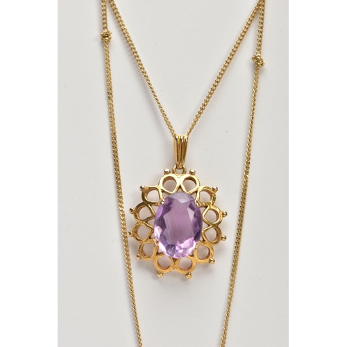 42 - A 9CT GOLD AMETHYST PENDANT, 9CT GOLD STICK PIN AND YELLOW METAL CHAIN, a yellow gold open work pend... 