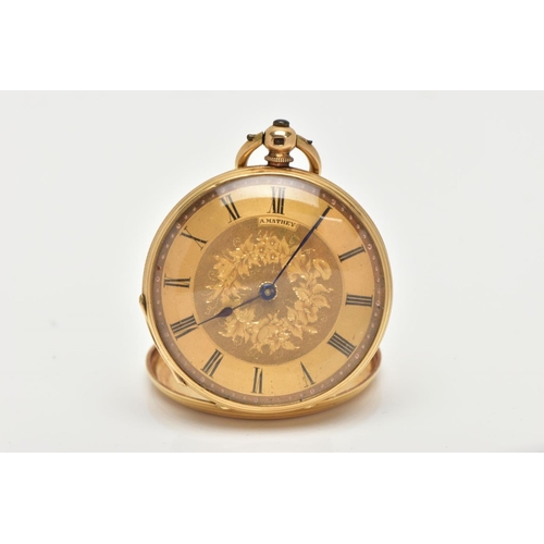 43 - A YELLOW METAL OPEN FACE POCKET WATCH, hand wound movement, gold tone dial with floral detailing sig... 