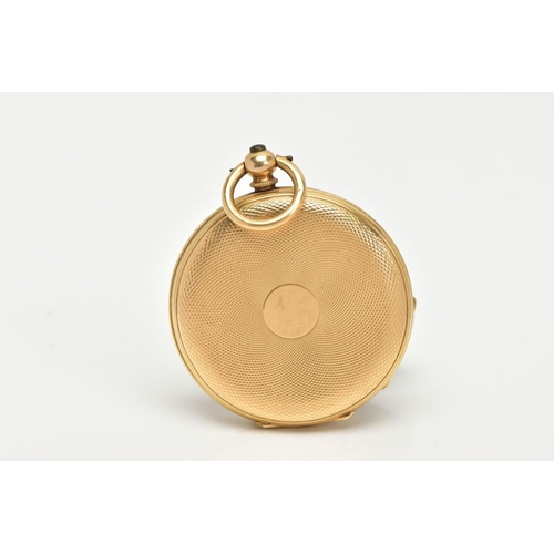 43 - A YELLOW METAL OPEN FACE POCKET WATCH, hand wound movement, gold tone dial with floral detailing sig... 