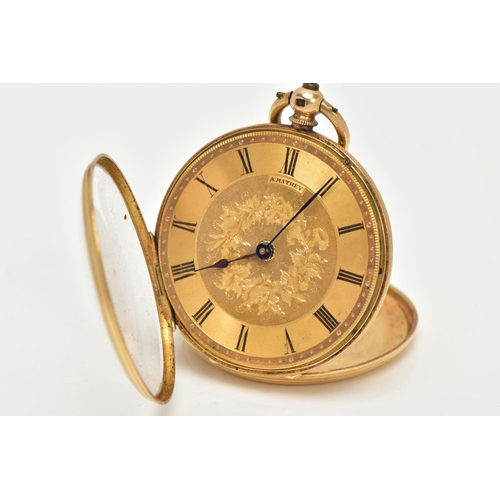 43 - A YELLOW METAL OPEN FACE POCKET WATCH, hand wound movement, gold tone dial with floral detailing sig... 