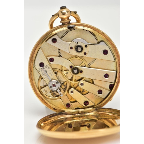 43 - A YELLOW METAL OPEN FACE POCKET WATCH, hand wound movement, gold tone dial with floral detailing sig... 