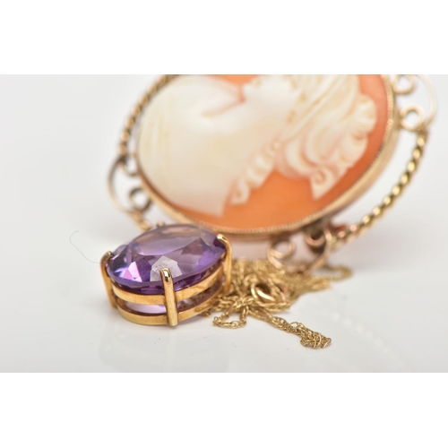 46 - A 9CT GOLD AMETHYST PENDANT NECKLACE AND A 9CT GOLD CAMEO BROOCH, the pendant set with an oval cut a... 