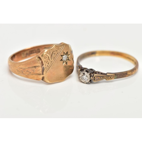 5 - A 9CT GOLD SIGNET RING AND A YELLOW METAL DIAMOND RING, a shield shaped signet engraved with scrolli... 