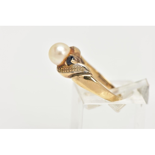 52 - A 9CT GOLD CULTURED PEARL, SAPPHIRE AND DIAMOND RING, centring on a single cultured cream pearl with... 