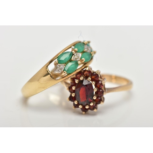 6 - TWO 9CT GOLD GEM SET RINGS, an oval cut garnet set into a cluster with eleven circular cut garnets, ... 