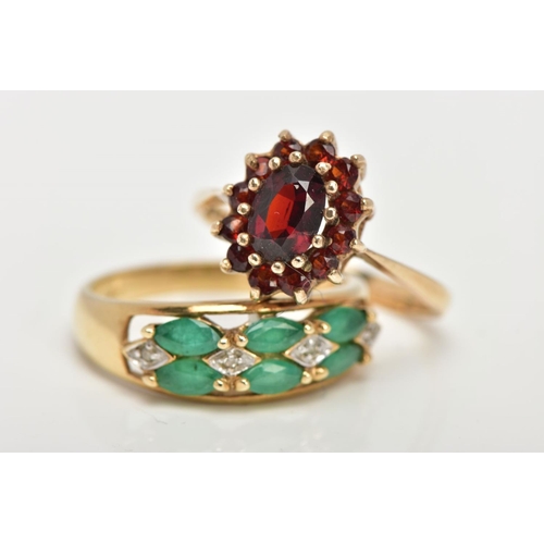 6 - TWO 9CT GOLD GEM SET RINGS, an oval cut garnet set into a cluster with eleven circular cut garnets, ... 