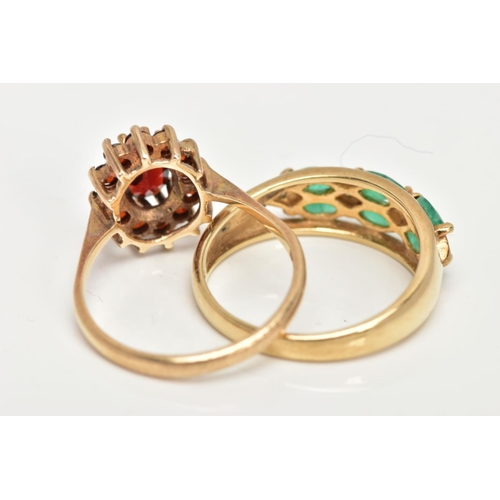 6 - TWO 9CT GOLD GEM SET RINGS, an oval cut garnet set into a cluster with eleven circular cut garnets, ... 