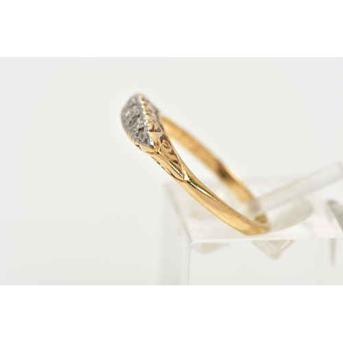 62 - A YELLOW METAL FIVE STONE DIAMOND BOAT RING, the ring head of a lozenge shape set with single cut di... 