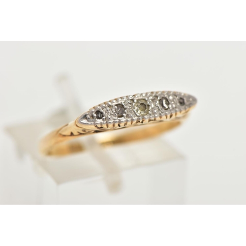 62 - A YELLOW METAL FIVE STONE DIAMOND BOAT RING, the ring head of a lozenge shape set with single cut di... 