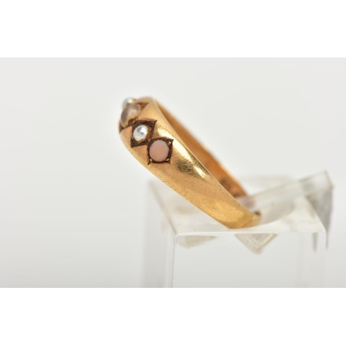 63 - A LATE VICTORIAN 18CT GOLD RING, designed with four seed pearls and a central colourless bead (damag... 