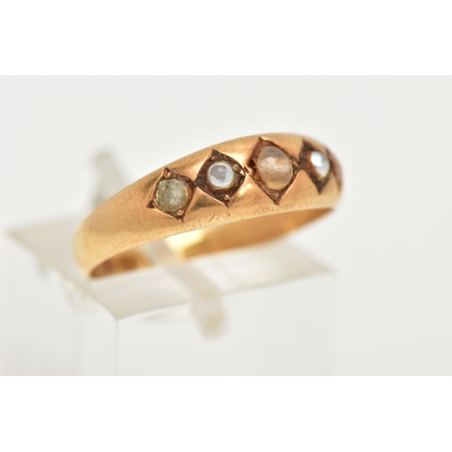 63 - A LATE VICTORIAN 18CT GOLD RING, designed with four seed pearls and a central colourless bead (damag... 