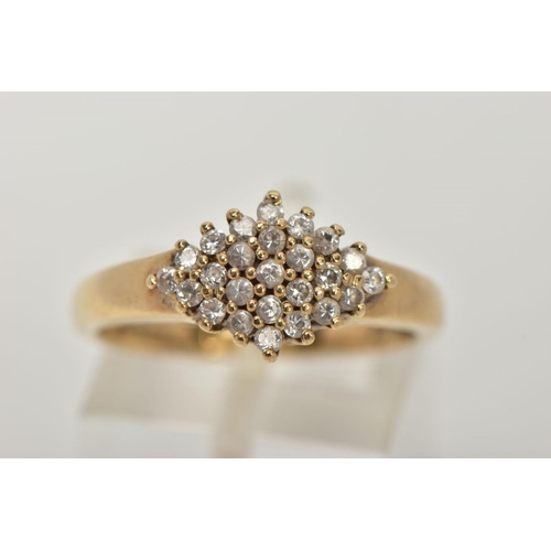 67 - A 9CT GOLD CUBIC ZIRCONIA RING, of a lozenge shape set with a cluster of colourless cubic zirconia s... 