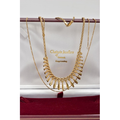 7 - A 9CT GOLD CLEOPATRA NECKLACE AND CHAIN, a yellow gold fancy link chain, fitted with graduated yello... 