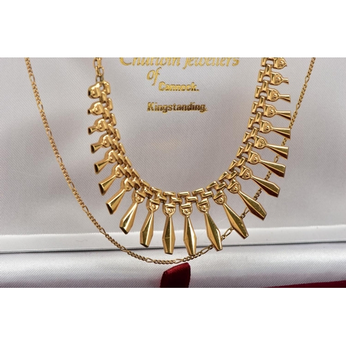 7 - A 9CT GOLD CLEOPATRA NECKLACE AND CHAIN, a yellow gold fancy link chain, fitted with graduated yello... 