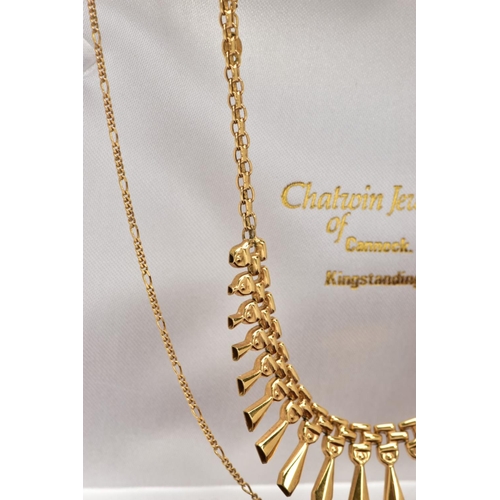 7 - A 9CT GOLD CLEOPATRA NECKLACE AND CHAIN, a yellow gold fancy link chain, fitted with graduated yello... 