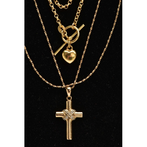 75 - TWO 9CT GOLD PENDANT NECKLACES, the first a cross pendant set with single cut diamond detail, fitted... 