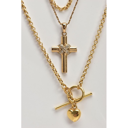 75 - TWO 9CT GOLD PENDANT NECKLACES, the first a cross pendant set with single cut diamond detail, fitted... 