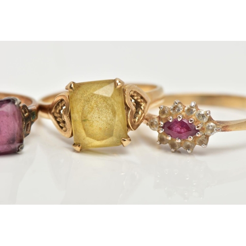 78 - FOUR 9CT GOLD GEM SET RINGS, to include an opal and blue sapphire ring, a ruby and cubic zirconia ma... 