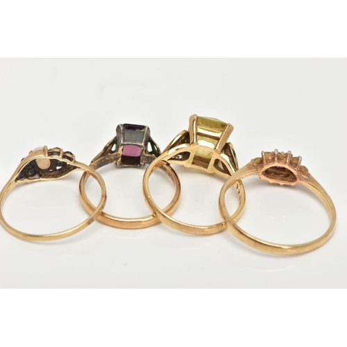 78 - FOUR 9CT GOLD GEM SET RINGS, to include an opal and blue sapphire ring, a ruby and cubic zirconia ma... 