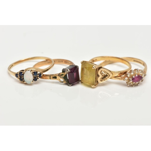 78 - FOUR 9CT GOLD GEM SET RINGS, to include an opal and blue sapphire ring, a ruby and cubic zirconia ma... 