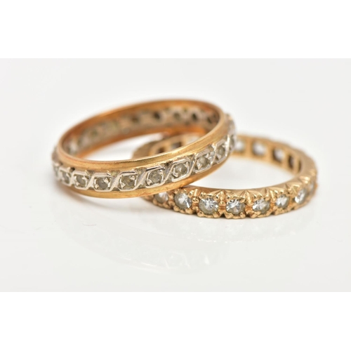 79 - TWO FULL ETERNITY RINGS, the first set with a row of colourless cubic zirconia, stamped 9ct, ring si... 