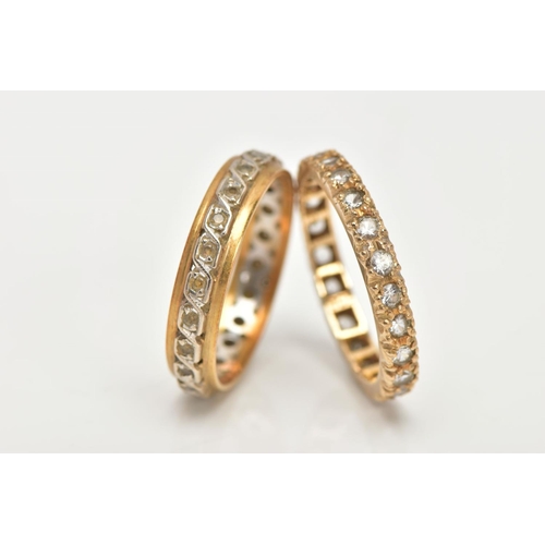 79 - TWO FULL ETERNITY RINGS, the first set with a row of colourless cubic zirconia, stamped 9ct, ring si... 