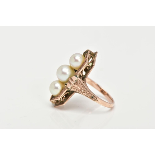 8 - A YELLOW METAL CULTURED PEARL RING, mounted with three slightly graduated cultured pearls, within a ... 