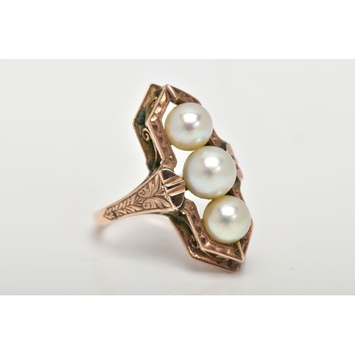 8 - A YELLOW METAL CULTURED PEARL RING, mounted with three slightly graduated cultured pearls, within a ... 