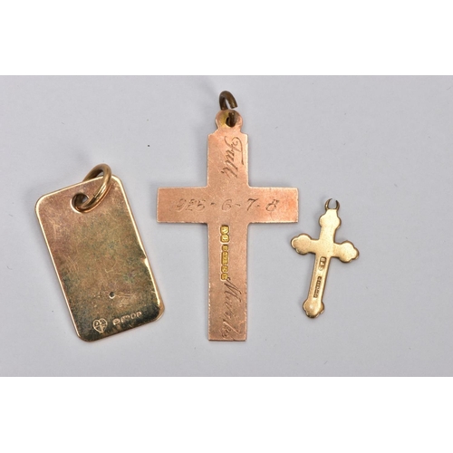 80 - THREE 9CT GOLD PENDANTS, the first a rose gold cross pendant with personal engravings all round, hal... 