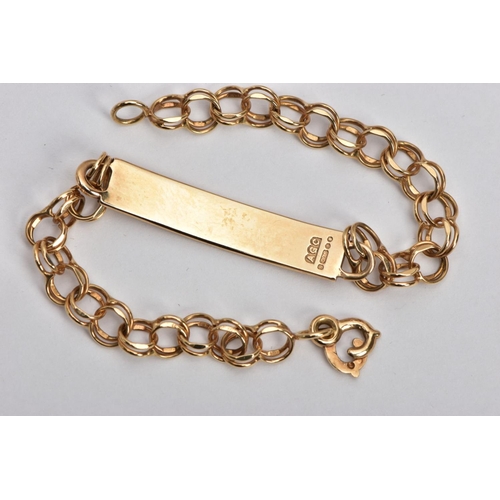 81 - A 9CT GOLD IDENTIFICATION BRACELET, vacant I.D panel hallmarked 9ct London, fitted with a double lin... 