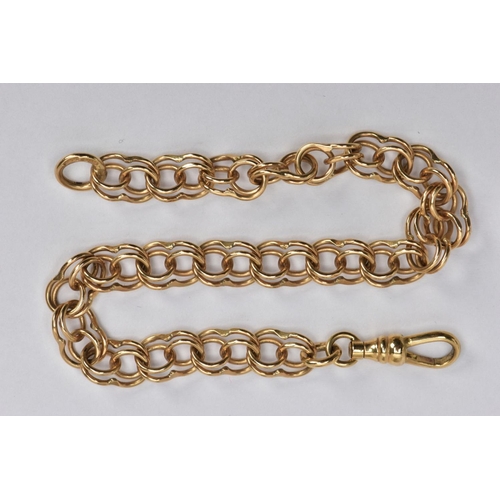 82 - A 9CT GOLD DOUBLE LINK BRACELET, hallmarked 9ct gold slightly rubbed hallmark, fitted with a swivel ... 