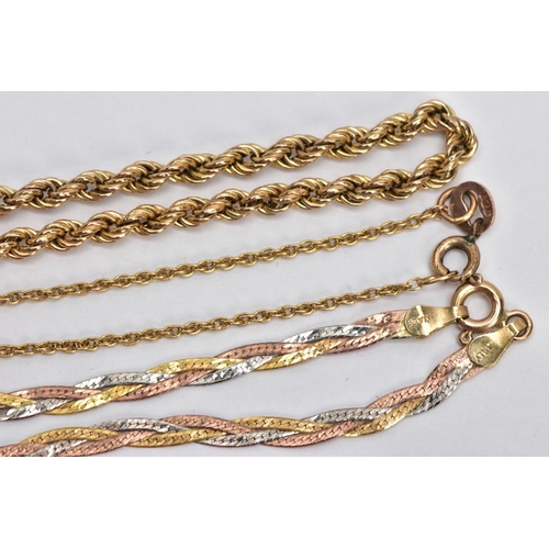 84 - THREE 9CT GOLD BRACELETS, the first a tri-colour plaited bracelet fitted with a spring clasp hallmar... 