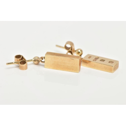 88 - A PAIR OF 9CT GOLD INGOT EARRINGS, each suspending a small gold ingot hallmarked 9ct Birmingham, fit... 