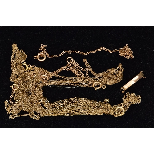 89 - A BAG OF ASSORTED CHAINS, entangled yellow metal chains and a ring size adjuster stamped 9ct, approx... 