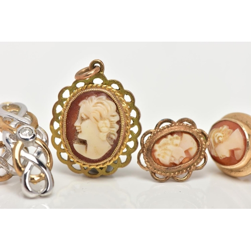 90 - THREE PAIRS OF EARRINGS AND A CAMEO PENDANT, to include a pair of yellow and white Celtic drop earri... 