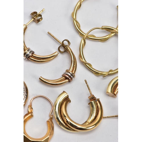 91 - A BAG OF ASSORTED EARRINGS, to include four pairs of hoop earrings in various designs, each with a f... 