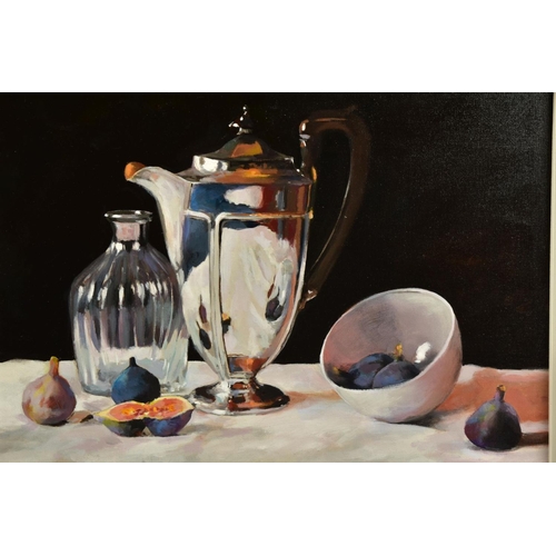 403 - WILL KEMP (BRITISH 1977) 'PURE FORM VI',  a still life study of a silver water jug, glass bottle and... 