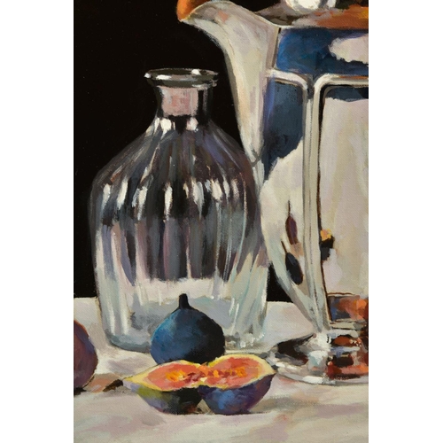 403 - WILL KEMP (BRITISH 1977) 'PURE FORM VI',  a still life study of a silver water jug, glass bottle and... 