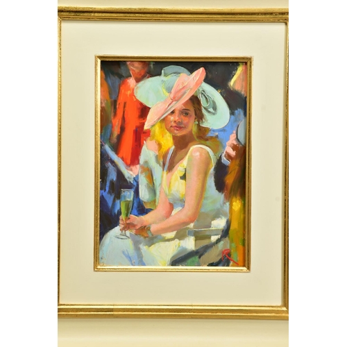 426 - MARK ROWBOTHAM (BRITISH 1959) 'ASCOT BEAUTY', a female figure wearing a pale dress and pink hat, ini... 