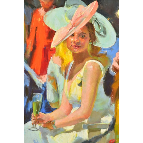 426 - MARK ROWBOTHAM (BRITISH 1959) 'ASCOT BEAUTY', a female figure wearing a pale dress and pink hat, ini... 