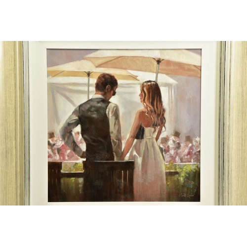 427 - MARK SPAIN (BRITISH 1962) 'ASCOT ROMANCE', lovers holding hands at the races, signed bottom right, o... 