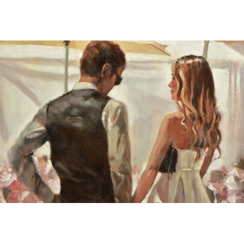 427 - MARK SPAIN (BRITISH 1962) 'ASCOT ROMANCE', lovers holding hands at the races, signed bottom right, o... 