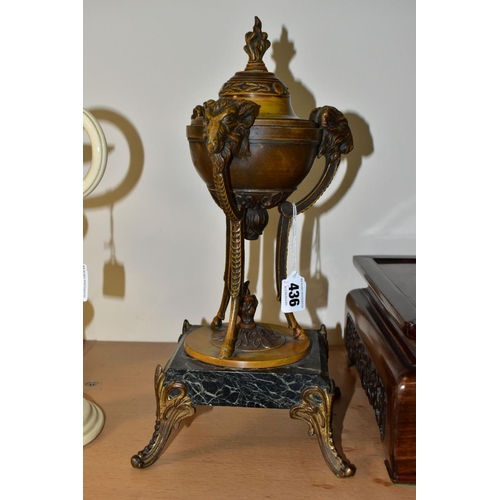 436 - A PAIR OF LATE 19TH CENTURY BRONZED SPELTER URNS AND COVERS OF NEO-CLASSICAL STYLE, flame finial on ... 