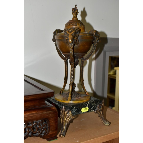 436 - A PAIR OF LATE 19TH CENTURY BRONZED SPELTER URNS AND COVERS OF NEO-CLASSICAL STYLE, flame finial on ... 