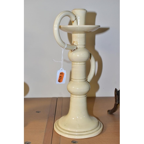 437 - A WILEMAN & CO FOLEY FAIENCE ART POTTERY CANDLESTICK IN A CREAM 'SPANO-LUSTRA' GLAZE, with two scrol... 