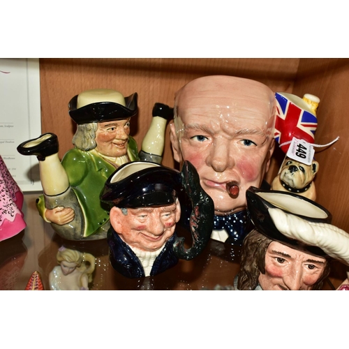 449 - FIVE ROYAL DOULTON CHARACTER JUGS AND A TONY WOOD TOBY TEA POT, the character jugs comprise a large ... 