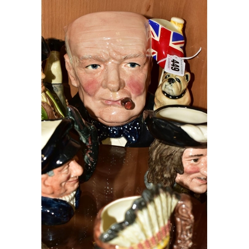 449 - FIVE ROYAL DOULTON CHARACTER JUGS AND A TONY WOOD TOBY TEA POT, the character jugs comprise a large ... 