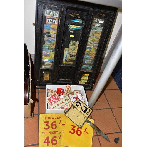 458 - A BOX CONTAINING BUTCHERS SPIKED MEAT LABELS AND PRICES, together with three painted metal price lab... 